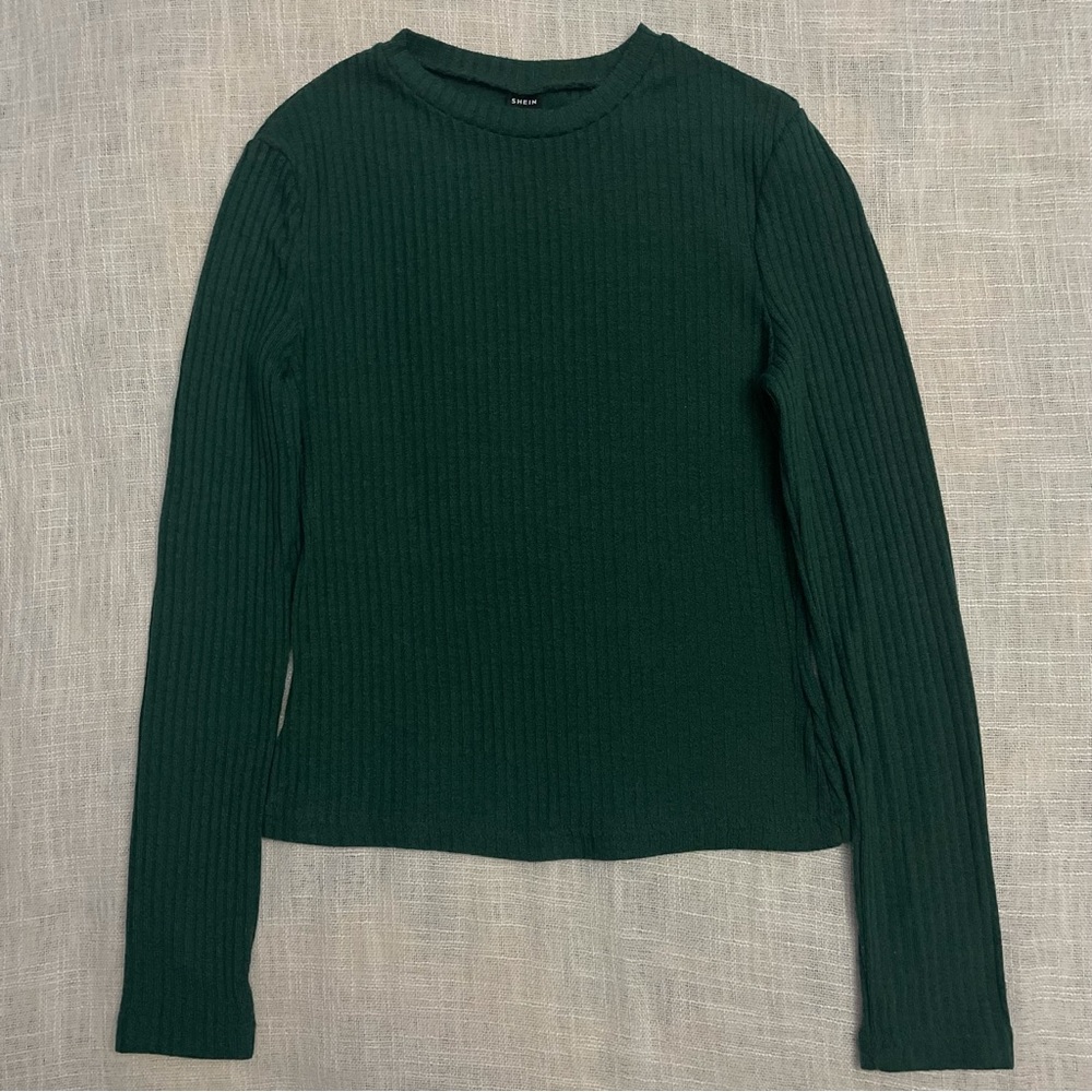 SHEIN | Solid Green Rib-Knit Long Sleeve | S |